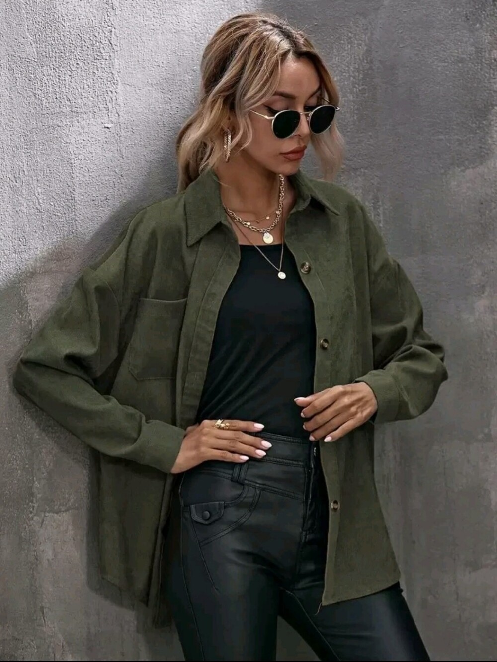 Olive Green Button-Down Women's Shirt Jacket